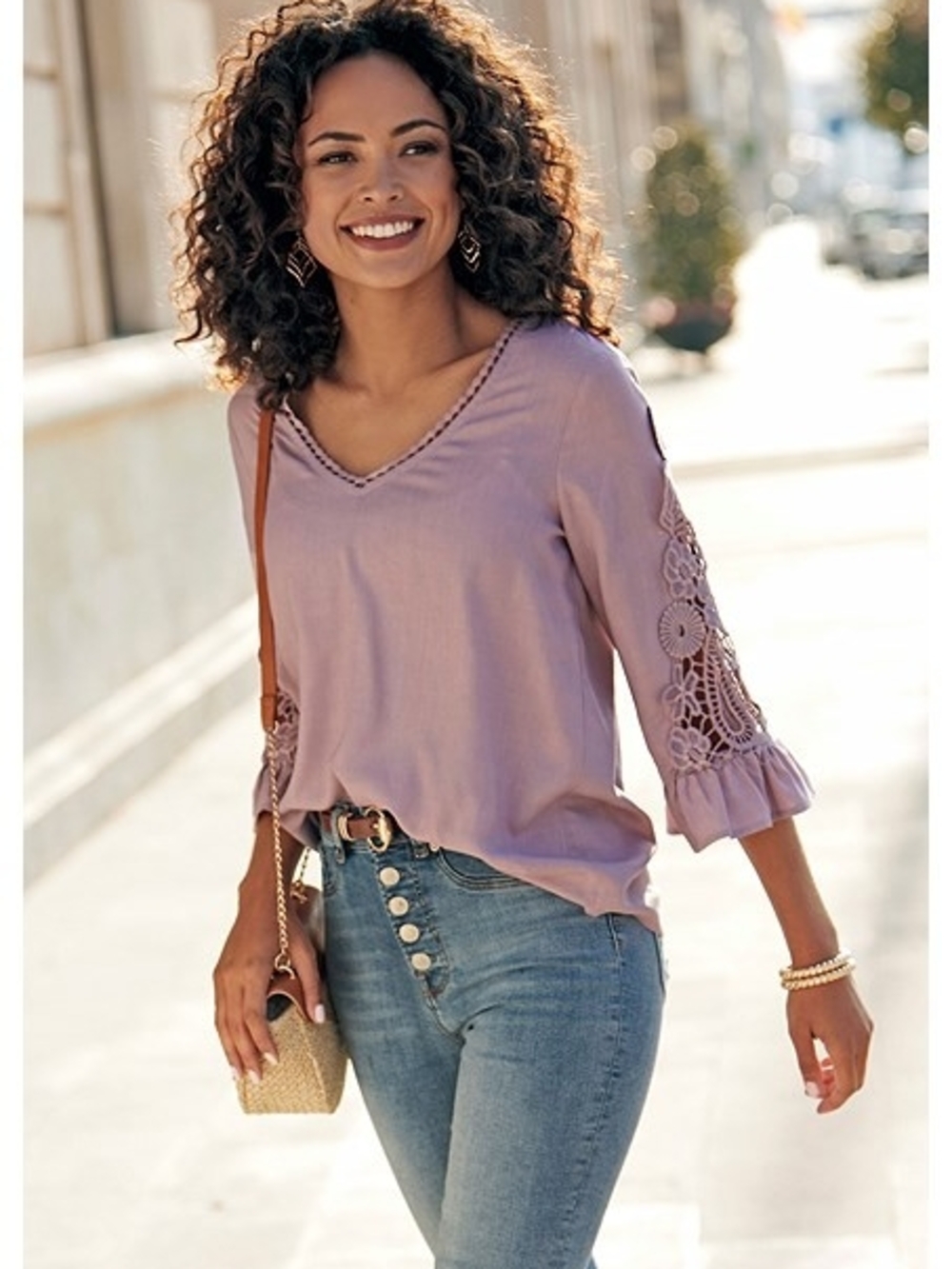 lascana V-Neck Crochet-Sleeve Blouse in Lavender